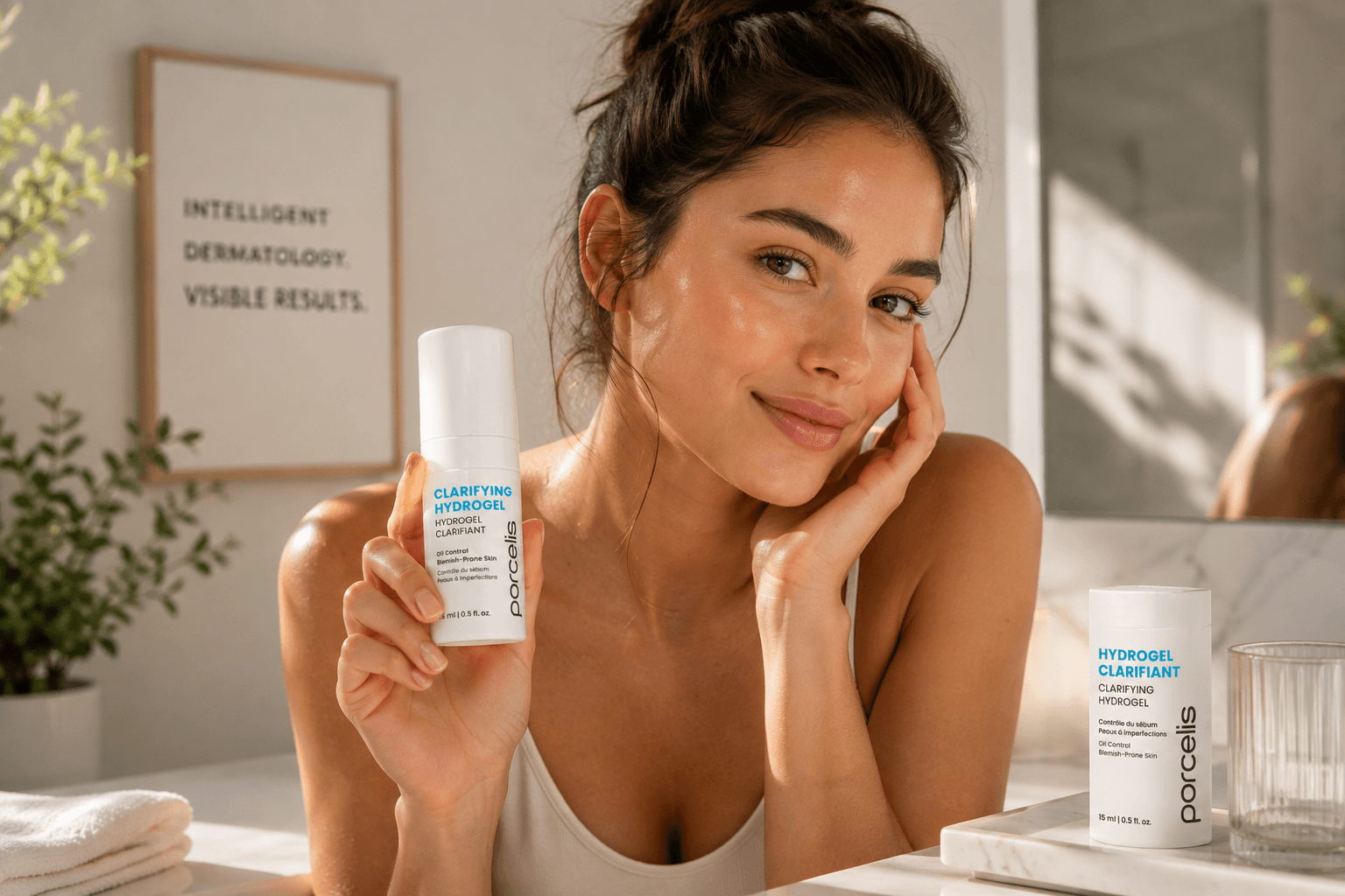 Woman holding Porcelis Clarifying Hydrogel as part of her skincare routine