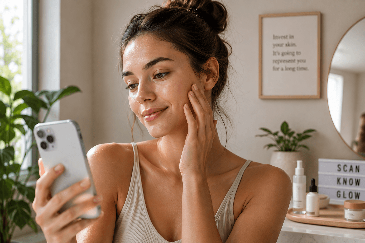Woman reviewing her skincare information on a phone at home